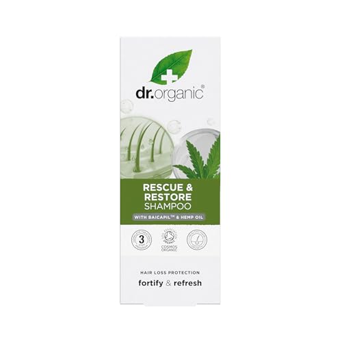 Dr Organic Hemp Oil Rescue Shampoo, Restoring, Mens, Womens, Natural, Vegetarian, Cruelty-Free, Paraben & SLS-Free, Organic, 265ml, Packaging may vary