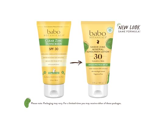 Babo Botanicals Zinc Sunscreen Lotion SPF 30 with 100% Mineral Actives, Non-Greasy, Water-Resistant, Fragrance-Free, Vegan, For Babies, Kids or Sensitive Skin, Clear, 3 Fl Oz