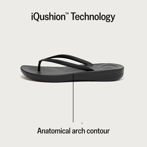 FitFlop Women's iQushion Rubber Flip-Flips with Contoured Footbed for Walking, Lightweight Ergonomic Flip Flop Sandals with Arch Support and Foot Impact Pillows, All Black, 6 US Women