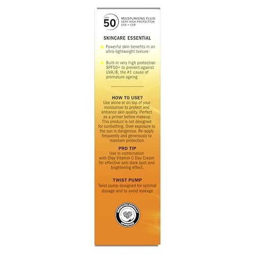 Olay Vitamin C Brighten & Glow 3in1 Moisturising Fluid SPF50+ Hydrating Skincare Moisturiser and Primer with Niacinamide, Provides Hydration, Glow, UV Protection, and Helps Correct Dark Spots, 50ml