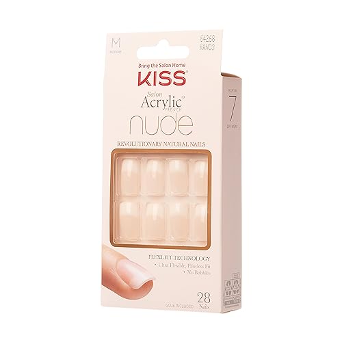 KISS Salon Acrylic Press On Nails, Nail glue included, 'Cashmere', French, Medium Size, Squoval Shape, Includes 28 Nails, 2g Glue, 1 Manicure Stick, 1 Mini file
