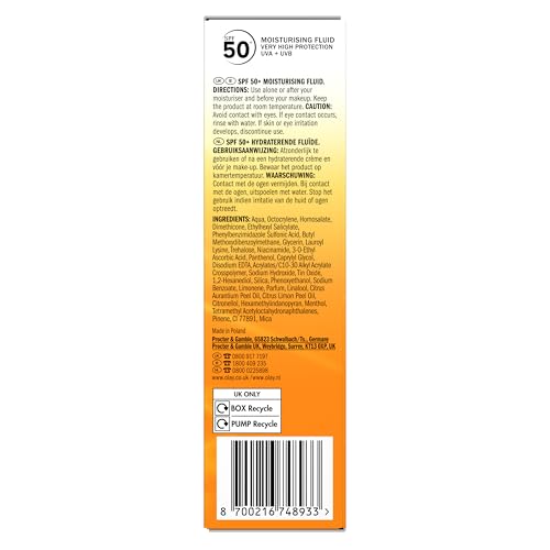 Olay Vitamin C Brighten & Glow 3in1 Moisturising Fluid SPF50+ Hydrating Skincare Moisturiser and Primer with Niacinamide, Provides Hydration, Glow, UV Protection, and Helps Correct Dark Spots, 50ml