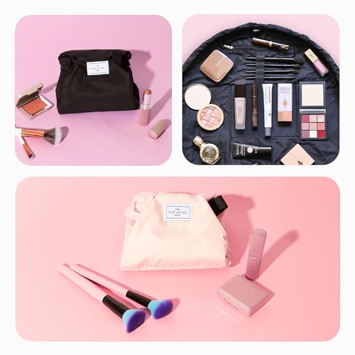 The Flat Lay Co. Makeup Bag - Blush Pink Travel Make Up Organiser for Cosmetics, Eyeshadow, Make-Up Brushes, Lipstick & Tools - Drawstring Makeup Bag Storage with Brush Holder & Large Pockets