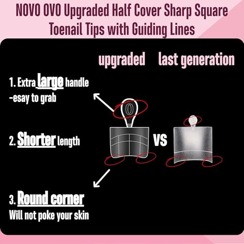 NOVO OVO Upgraded Flexible Half Cover Soft Gel Fake Toe Nail Tips with Auxiliary Line for Toenail Extension, Sharp Square Medium Wide for Men Women Acrylic pedicure in Salon x 15 Sizes 300 Pcs