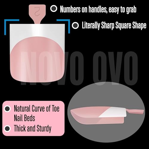 NOVO OVO French Tip Toe Nail Tips Press on, Sharp Square Pre-Designed Soft Gel False Toenail Extension, BABY PINK Pre-applied Tip Primer & Base Coat, Full Cover Acrylic for DIY x 15 Sizes 240 pcs