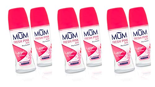 Mum Fresh Pink Rose Perfumed Roll On Deodorant, 48 Hours Plus Protection, Alcohol Free Womens Deodorant, Anti-Perspirant, Vegan, Sustainable Glass Bottle, Rose Fragrance, 50 ml, Pack of 6