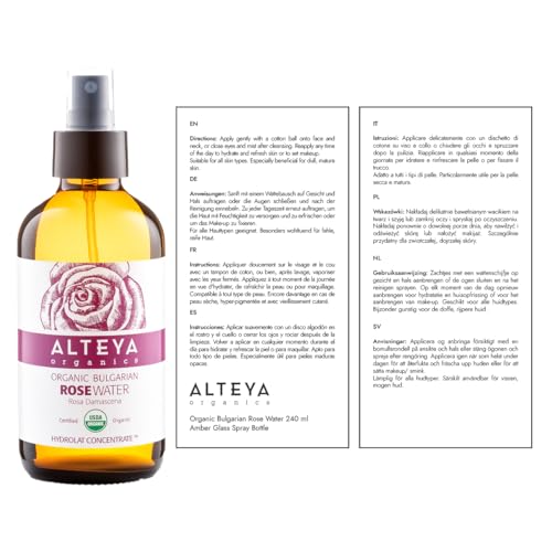 Alteya Organic Rose Water Spray 240 ml Glass- 100% Pure Organic Rosa Damascena (Damask Rose) Hydrolat - No additives - USDA Certified Organic - Face Toner, Revitalizing Body, Condition Hair & Scalp