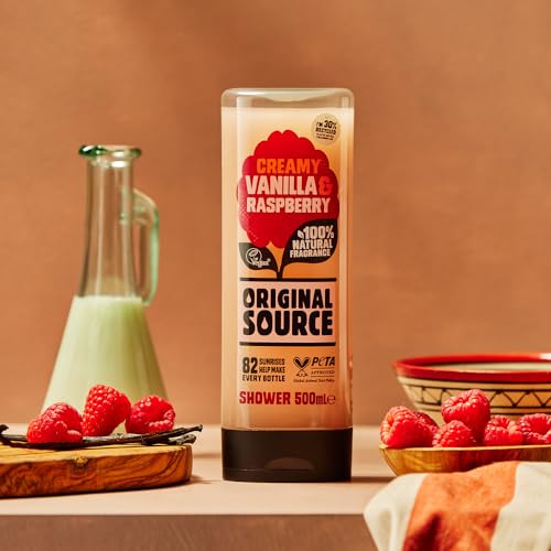 Original Source Vanilla Milk and Raspberry Shower Gel with 100% Natural Fragrance, Large Vegan Shower Gel, Paraben Free Body Shower Wash, Multipack of 6 x 500 ml