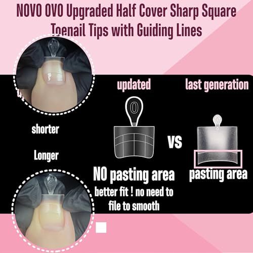 NOVO OVO Upgraded Flexible Half Cover Soft Gel Fake Toe Nail Tips with Auxiliary Line for Toenail Extension, Sharp Square Medium Wide for Men Women Acrylic pedicure in Salon x 15 Sizes 300 Pcs
