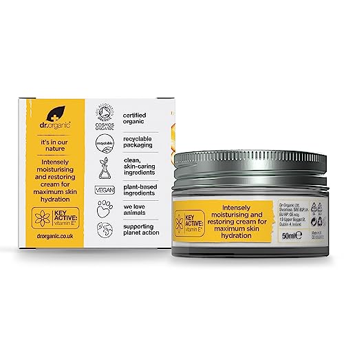Dr. Organic Vitamin E Moisturising and Restoring Cream | Deeply Hydrates, Restores Skin’s Natural Balance, Natural, Certified Organic, Paraben & SLS-Free, 50 mL / 1.7 fl oz