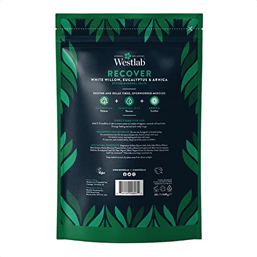 Westlab - 1kg - Recover Epsom Salts Infused with White Willow & Eucalyptus - Soothe Sore Muscles and Boost Recovery - Resealable Pouch