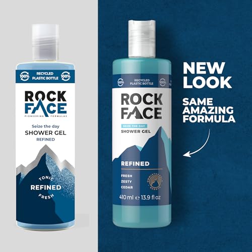 Rock Face Shower Gel - Refined All In One Body Wash for Men, 410ml, Sandalwood & Cedar Scent, Suitable for Hair and Body, Long Lasting Fragrance, Multipack of 6