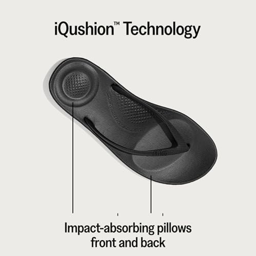FitFlop Women's iQushion Rubber Flip-Flips with Contoured Footbed for Walking, Lightweight Ergonomic Flip Flop Sandals with Arch Support and Foot Impact Pillows, All Black, 6 US Women