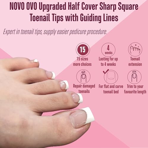 NOVO OVO Upgraded Flexible Half Cover Soft Gel Fake Toe Nail Tips with Auxiliary Line for Toenail Extension, Sharp Square Medium Wide for Men Women Acrylic pedicure in Salon x 15 Sizes 300 Pcs