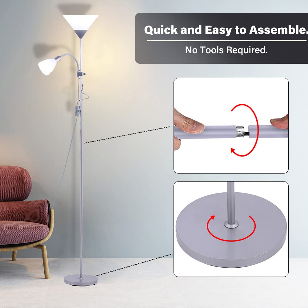 INMOZATA Mother and Children Floor Lamp Uplighter 2 Way Floor Light Reading Light with Double Button Control for Living Room Bedroom (White & Sliver)