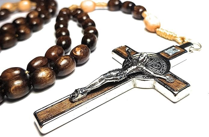 Genuine Made in Italy Rosary Necklace Blessed by Pope Francis Saint Benedict Medal Cross perfect for car mirror Rosarios catolicos para hombre Patron of Students Christian Values (Brown)