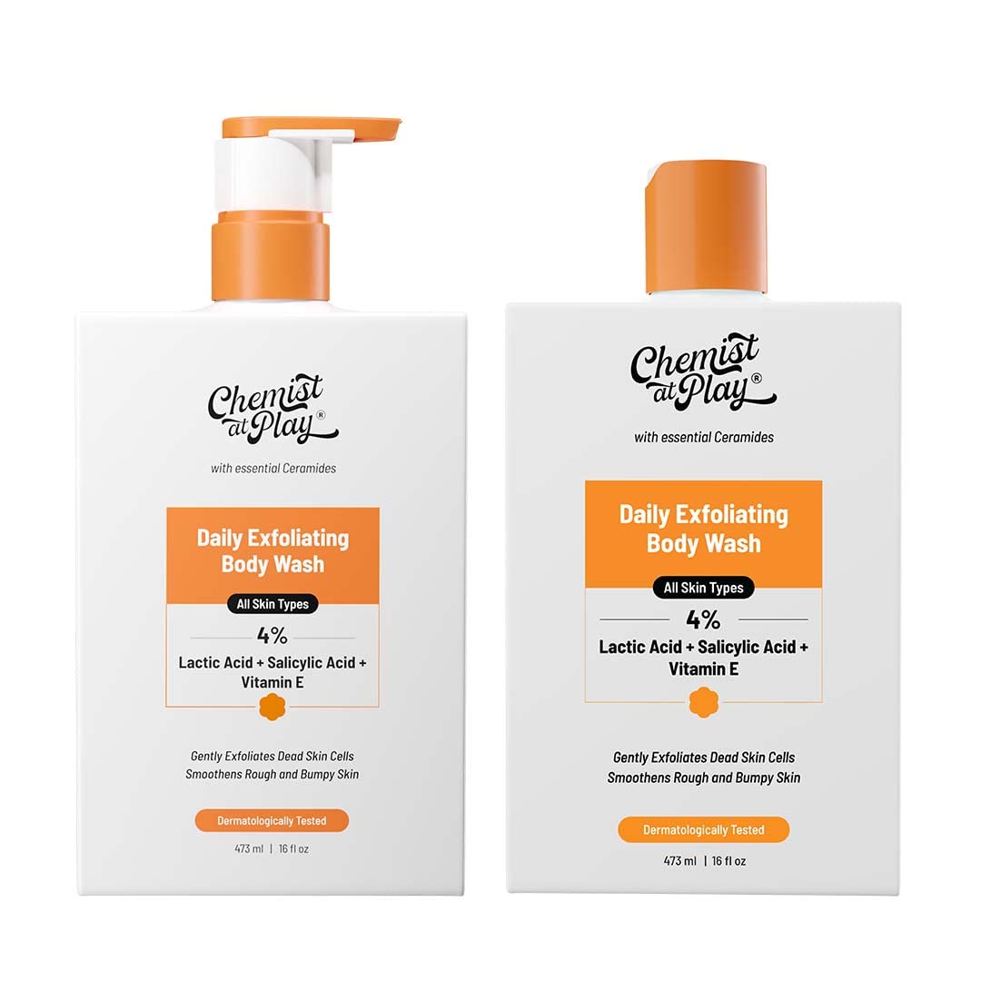 Chemist at Play Body Wash Exfoliating for Dry Rough Bumpy Strawberry Skin with 1% Salicylic Acid 2% Lactic Acid and Ceramides for Men and Women | 473 ml