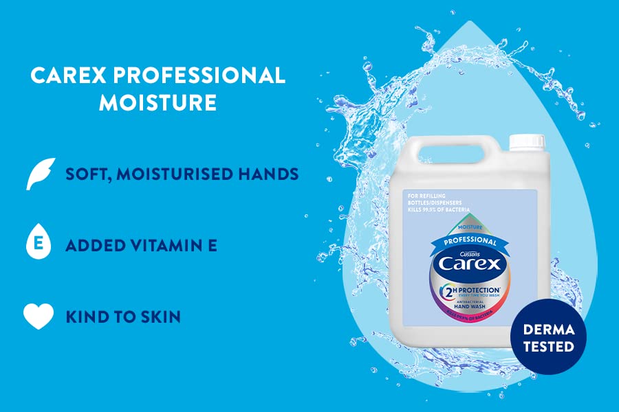 Carex 2 Hour Protection Antibacterial Professional Moisture Hand Wash Refills, Liquid Hand Soap Eco Refill for Homes & Businesses, With Vitamin E, Bulk Buy, Pack of 2 x 5 litres