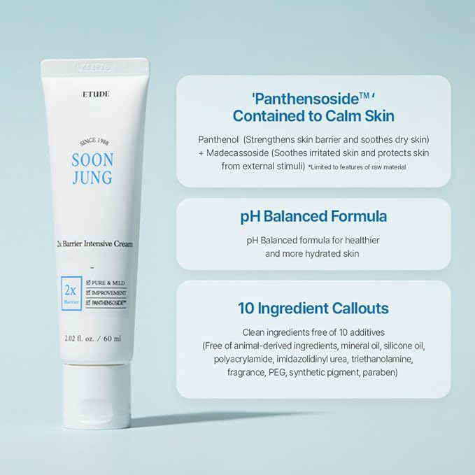 Etude House SoonJung 2x Barrier Intensive Cream 60ml (21AD); Hypoallergenic Shea Butter Hydrating Facial Cream for Sensitive Skin, Water-oil Balance