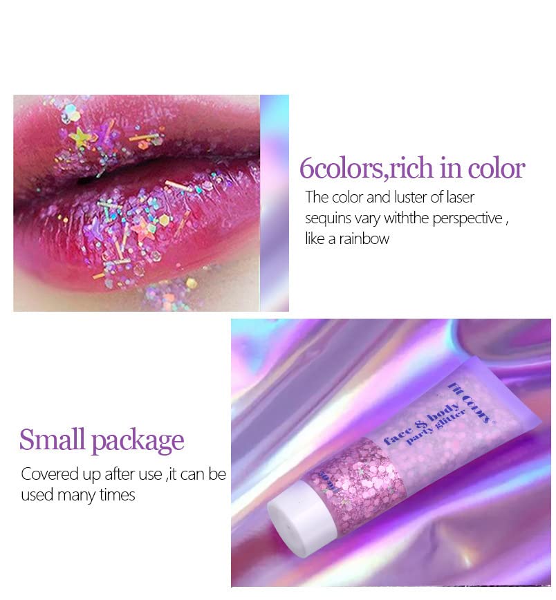 Beliky Girl Body Glitter Gel, 50ML Face Glitters Body Gel Sequins Shimmer Liquid Eyeshadow, Mermaid Sequins Liquid Holographic Glitter Gel, Chunky Glitter for Face Hair Nails Set 6Pcs