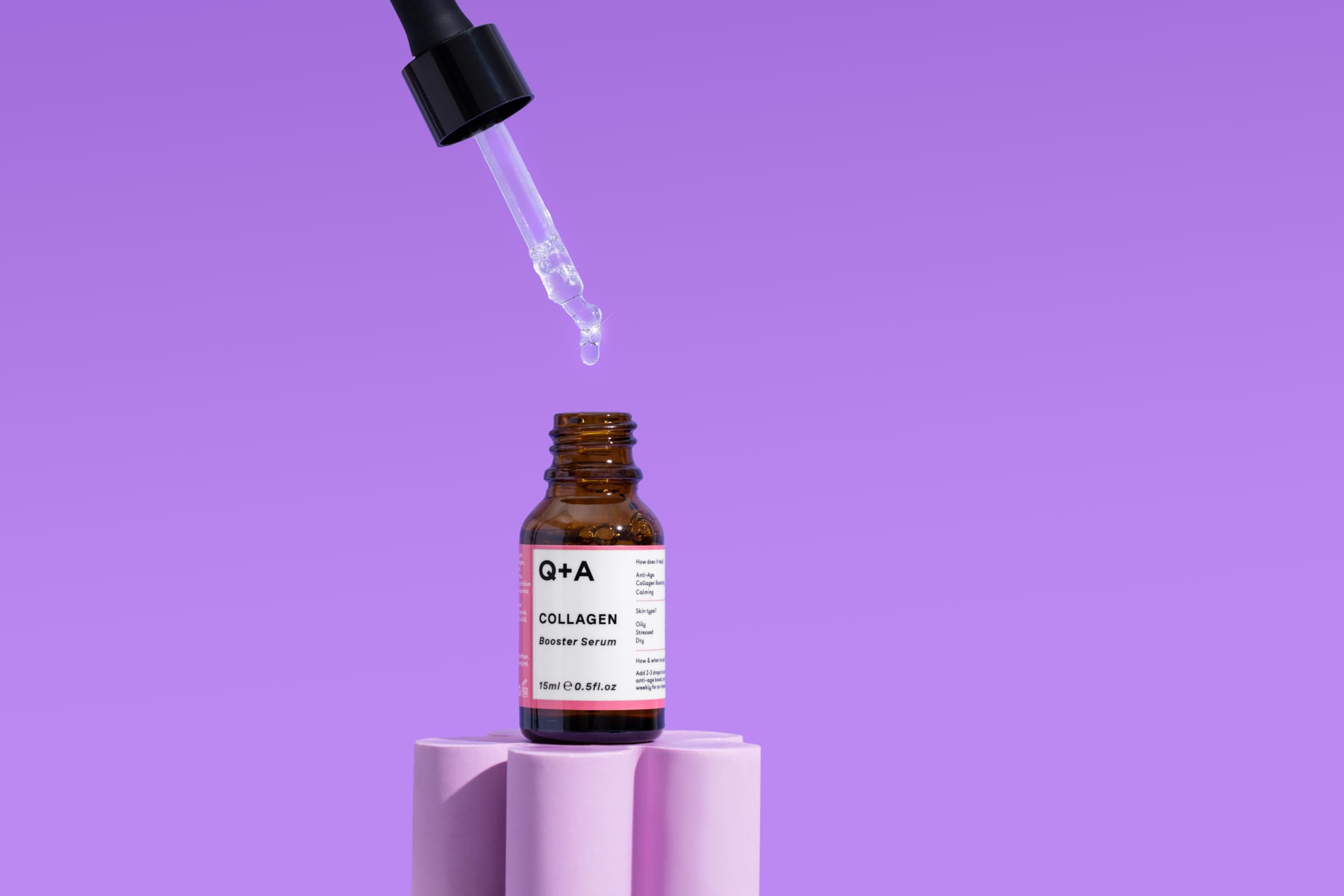 Q+A Collagen Booster Serum, a vegan-friendly serum containing a blend of vegetable Collagen, Honey Locust Seed and Algae Extracts that help tighten, smooth, and plump the skin,15ml