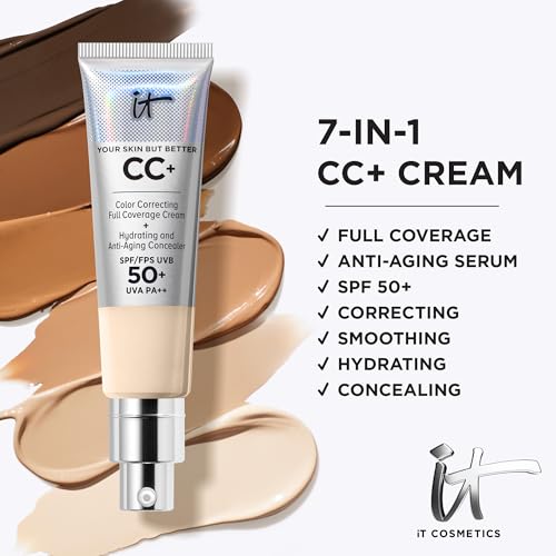 iT Cosmetics Full Coverage Foundation with SPF 50 Protection, Enriched with Hyaluronic Acid & Vitamin E, Your Skin But Better CC+ Cream, Shade: Fair Light, 32ml