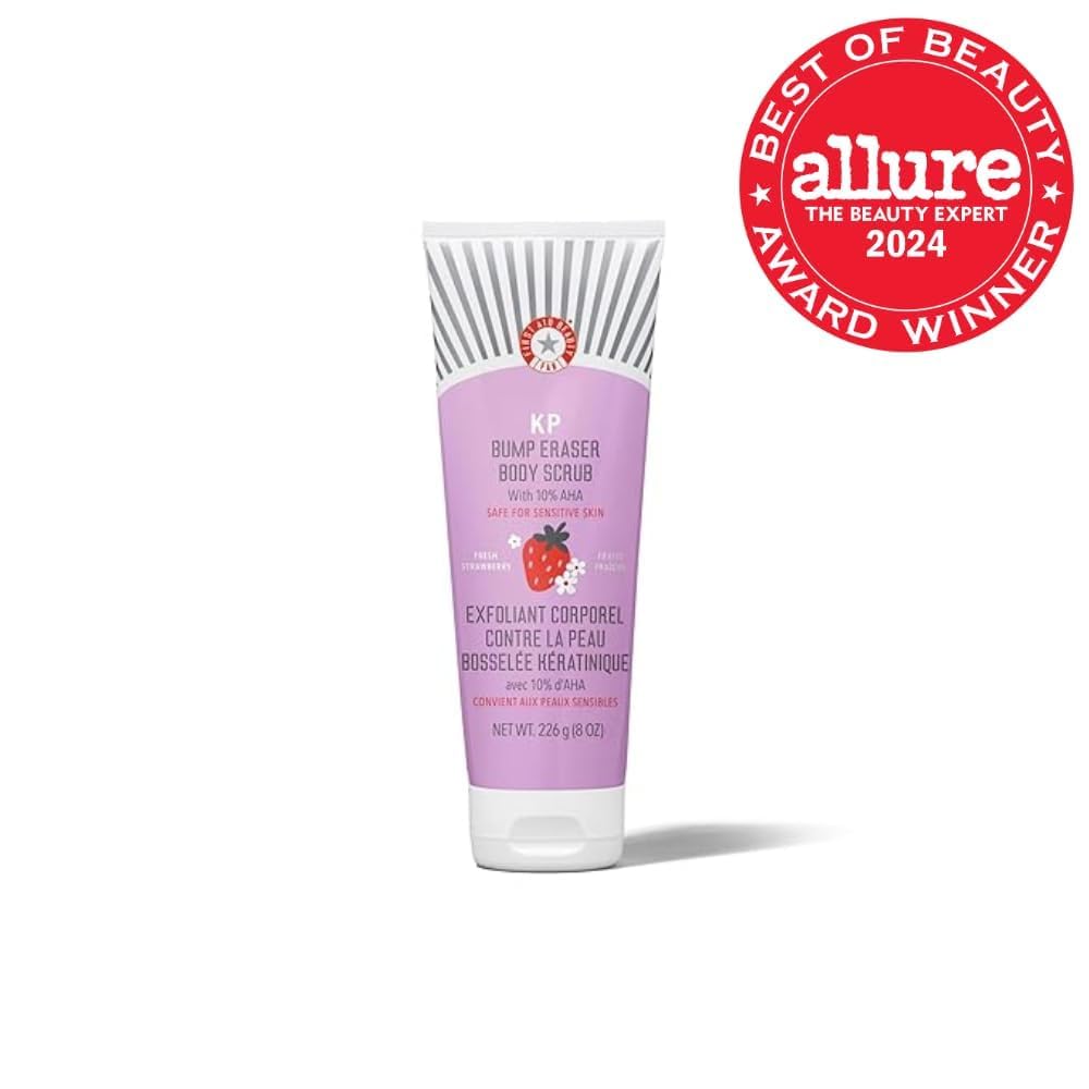 First Aid Beauty - KP Bump Eraser Body Scrub with 10% AHA, Keratosis Pilaris Exfoliater with Glycolic and Lactic acids, Helps Reduce Chicken Skin Bumps, Safe for Sensitive Skin, Strawberry Scent, 226g