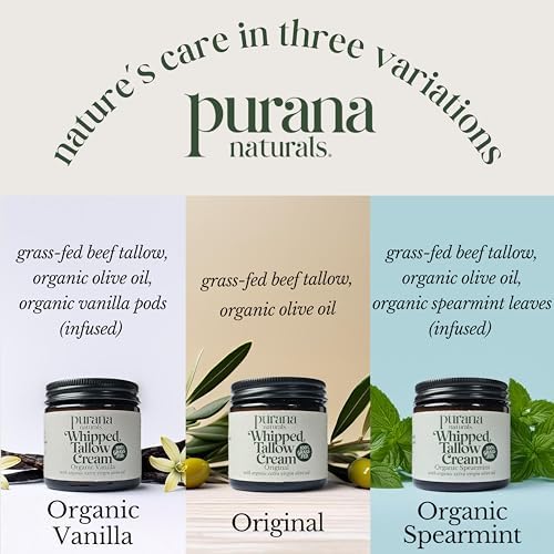 Whipped Tallow Cream - Grass-Fed, Halal Beef Tallow Skincare with Organic Olive Oil - Seed Oil Free, Face Cream & Body Moisturiser for Dry Skin & Eczema Relief (60ml, Organic Vanilla)