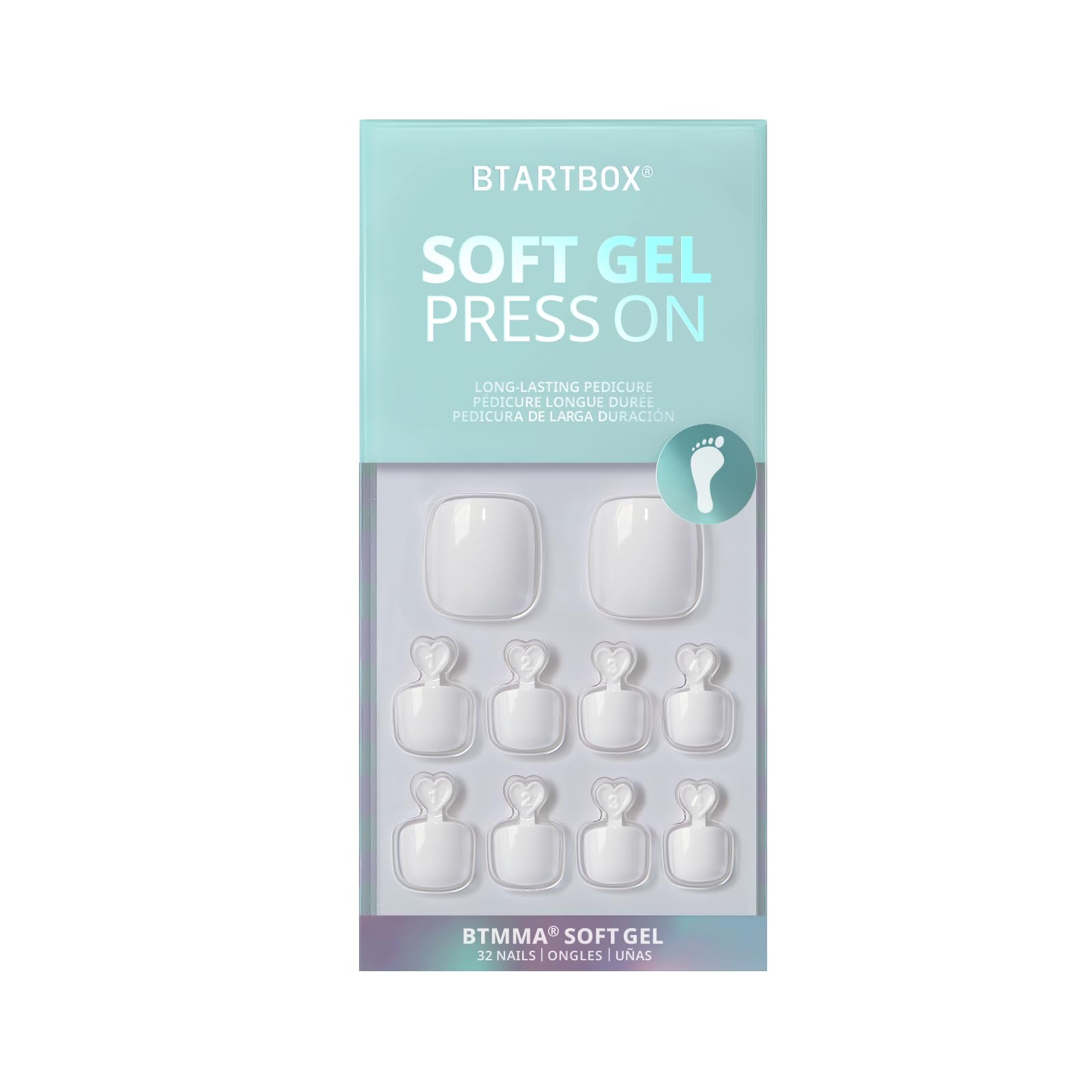 BTArtbox False Toenails Short - White Stick on Toe Nails, 32 Pcs Square Press on Toenails, Light Weight Fake Toe Nail Tips with Glue in 16 Sizes, Pure Chic