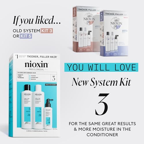 Nioxin Scalp + Hair Thickening System 3 Loyalty Kit - Hair Thickening System for Coloured, Dry and Damaged Hair with Light Thinning - Shampoo, Conditioner and Scalp Treatment, 300+300+100ml
