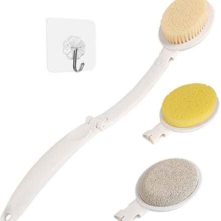 LFJ Bath Brush, 3 in 1 Foldable Long Handle Body Back Scrubber with Brush Sponge Pumice Head for Shower, Exfoliating or Dry Skin Brushing
