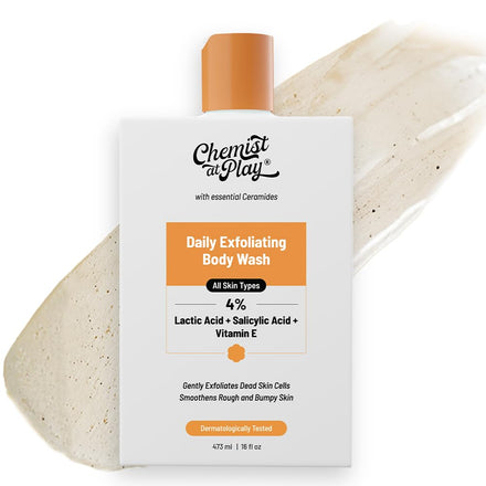 Chemist at Play Body Wash Exfoliating for Dry Rough Bumpy Strawberry Skin with 1% Salicylic Acid 2% Lactic Acid and Ceramides for Men and Women | 473 ml