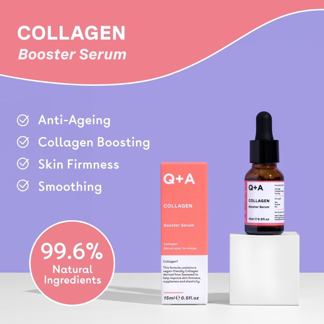 Q+A Collagen Booster Serum, a vegan-friendly serum containing a blend of vegetable Collagen, Honey Locust Seed and Algae Extracts that help tighten, smooth, and plump the skin,15ml