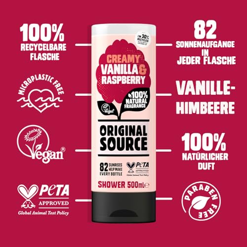 Original Source Vanilla Milk and Raspberry Shower Gel with 100% Natural Fragrance, Large Vegan Shower Gel, Paraben Free Body Shower Wash, Multipack of 6 x 500 ml