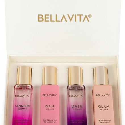 BellaVita Luxury Perfume Gift Set for Women (4x20ml) | DATE, SENORITA, GLAM, ROSE | Sweet Floral, Musk & Vanilla Perfumes | Sweet Cologne Perfume for Women | Women's Cologne & Perfume Gift Sets