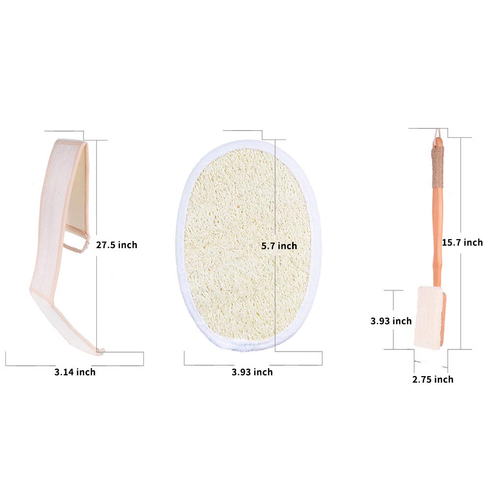 4 Pcs Loofah Exfoliating Back Scrubber Set,100% Natural Luffa Body Bath Sponge Pad,Double Side Scrubbing Strap,Back Exfoliator with Long Wooden Handle,Back Brush Washer for Shower and Bath Spa