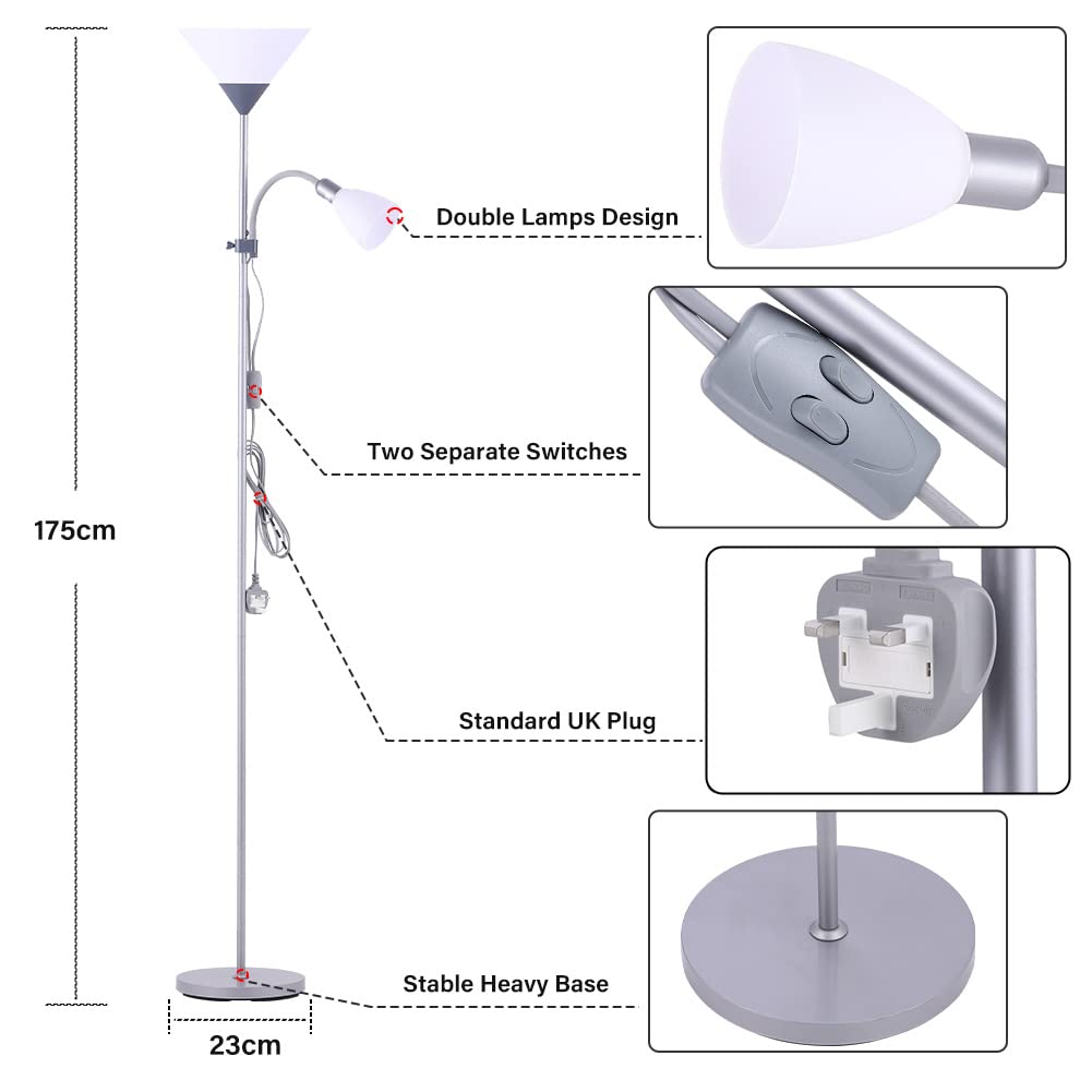INMOZATA Mother and Children Floor Lamp Uplighter 2 Way Floor Light Reading Light with Double Button Control for Living Room Bedroom (White & Sliver)