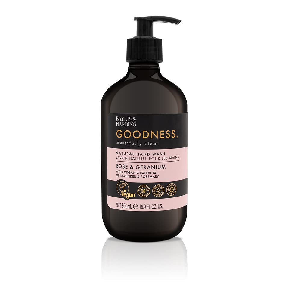 Baylis & Harding Liquid Hand Soap Wash with Dispenser, Goodness, Rose & Geranium, 16.9oz/500ml (3-Pack)