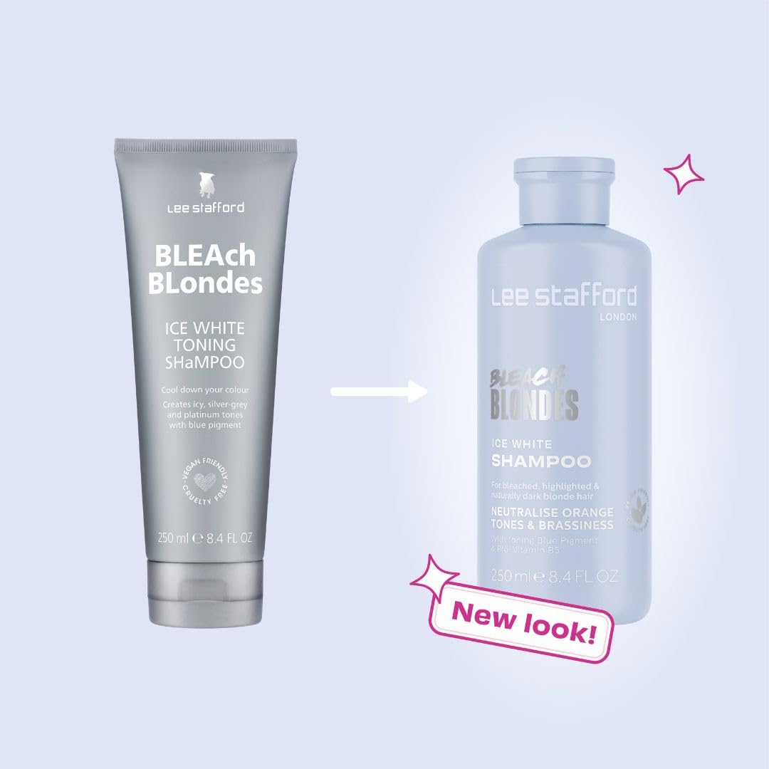 Lee Stafford Blue Toning Shampoo | Bleach Blonde Ice White - Corrects Brassy & Yellow Orange Tones to Silver Platinum, Great for HIghlighted, Bleached, & Naturally Dark Hair, No Purple, 250 ml