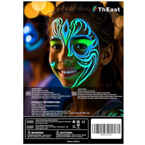 ThEast 8 UV Neon Face Paint Pens, Glow in the Dark Under UV Light Body Painting Kit, Tatto Markers for Skin Washable, Face Makeup for Party Favors