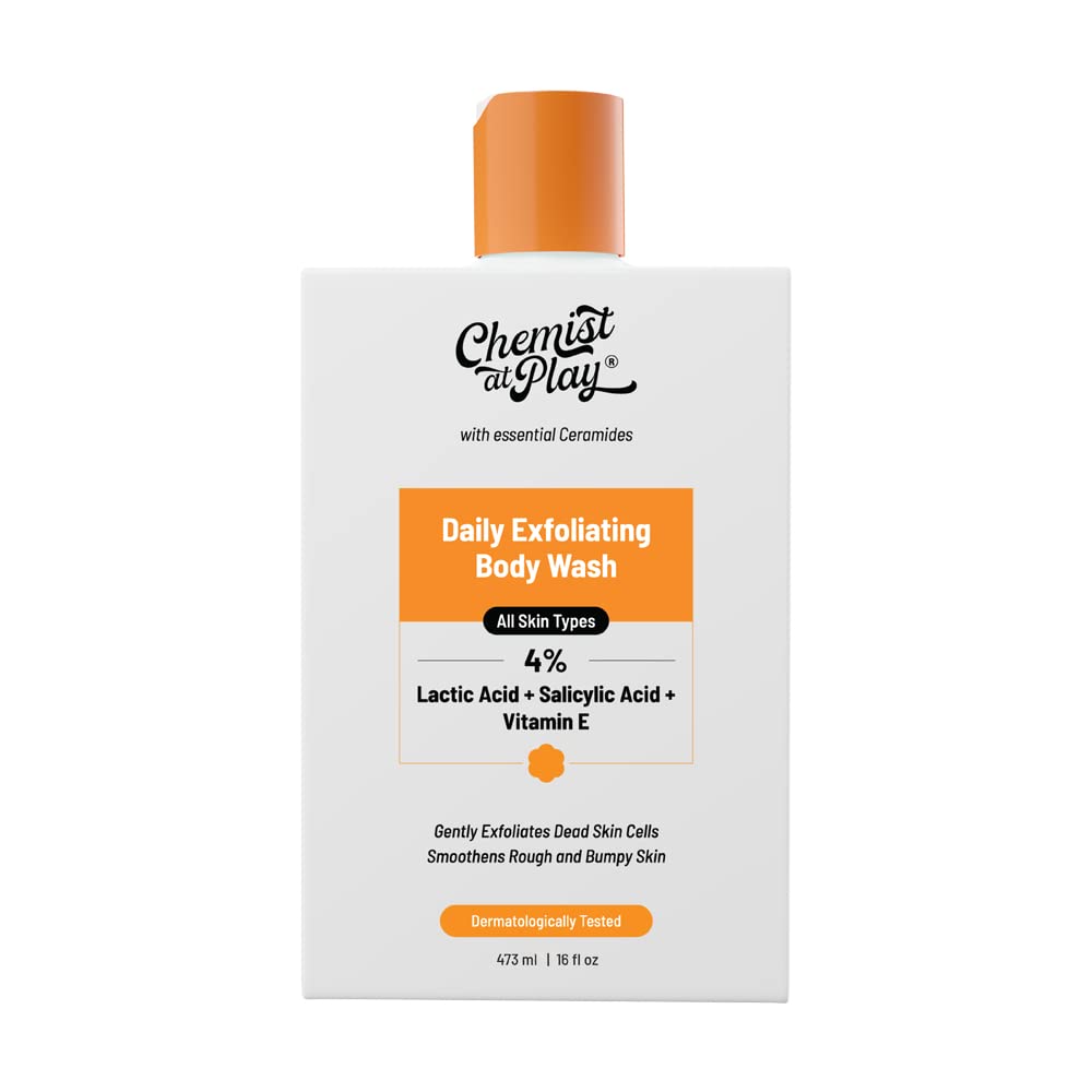 Chemist at Play Body Wash Exfoliating for Dry Rough Bumpy Strawberry Skin with 1% Salicylic Acid 2% Lactic Acid and Ceramides for Men and Women | 473 ml