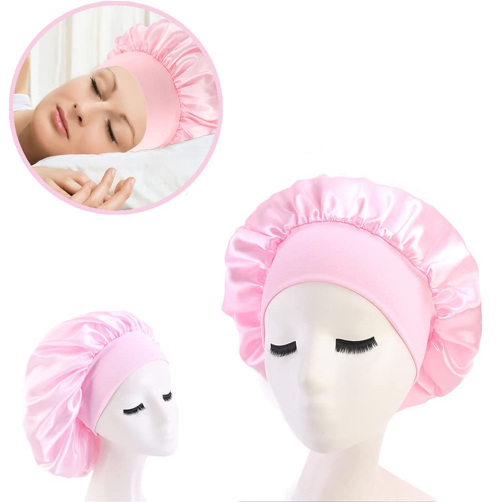 Hair Bonnet for Sleeping, Wide Elastic Band Satin Bonnet Silk Bonnet Shower Cap for Women Girls Makeup Hair Care Elastic Hat Soft Sleep Cap Satin Head Cover for Night Sleep Curly Hair Protection