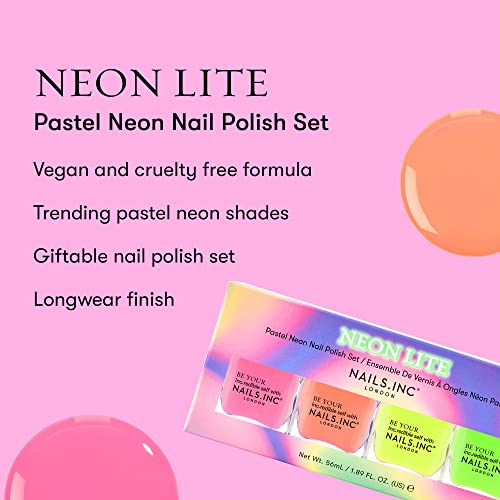 Nails Inc Neon Lite Nail Polish Quad, Neon Glow Enhancing Shades, Fast Drying, Long Lasting, Chip Resistant, Air Dry Manicure,Vegan, Cruelty Free, 4 Piece Set