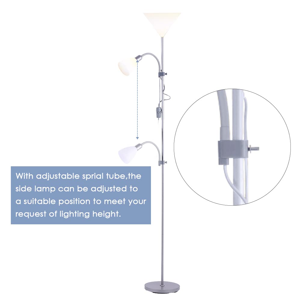 INMOZATA Mother and Children Floor Lamp Uplighter 2 Way Floor Light Reading Light with Double Button Control for Living Room Bedroom (White & Sliver)
