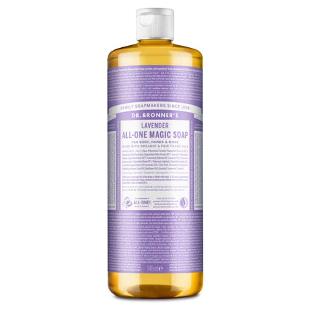Dr Bronner's Lavender All-One Magic Soap, Made with Organic Oils, Used for Face, Body, Hair, Dishes, Mopping and Pets, Certified Fair Trade & Vegan Friendly, 945ml Recycled Bottle