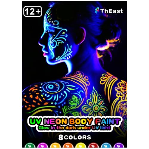 ThEast 8 UV Neon Face Paint Pens, Glow in the Dark Under UV Light Body Painting Kit, Tatto Markers for Skin Washable, Face Makeup for Party Favors