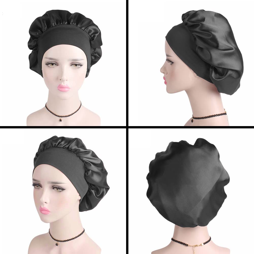 Hair Bonnet for Sleeping, Wide Elastic Band Satin Bonnet Silk Bonnet Shower Cap for Women Girls Makeup Hair Care Elastic Hat Soft Sleep Cap Satin Head Cover for Night Sleep Curly Hair Protection