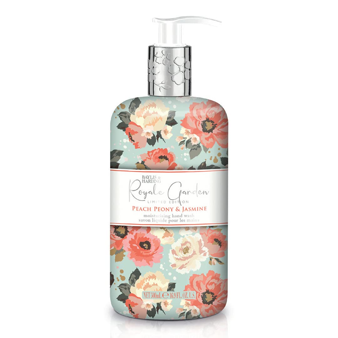 Baylis & Harding Liquid Hand Soap Wash with Dispenser, Royale Garden, Peach Peony & Jasmine, 16.9oz/500ml (6-Pack)