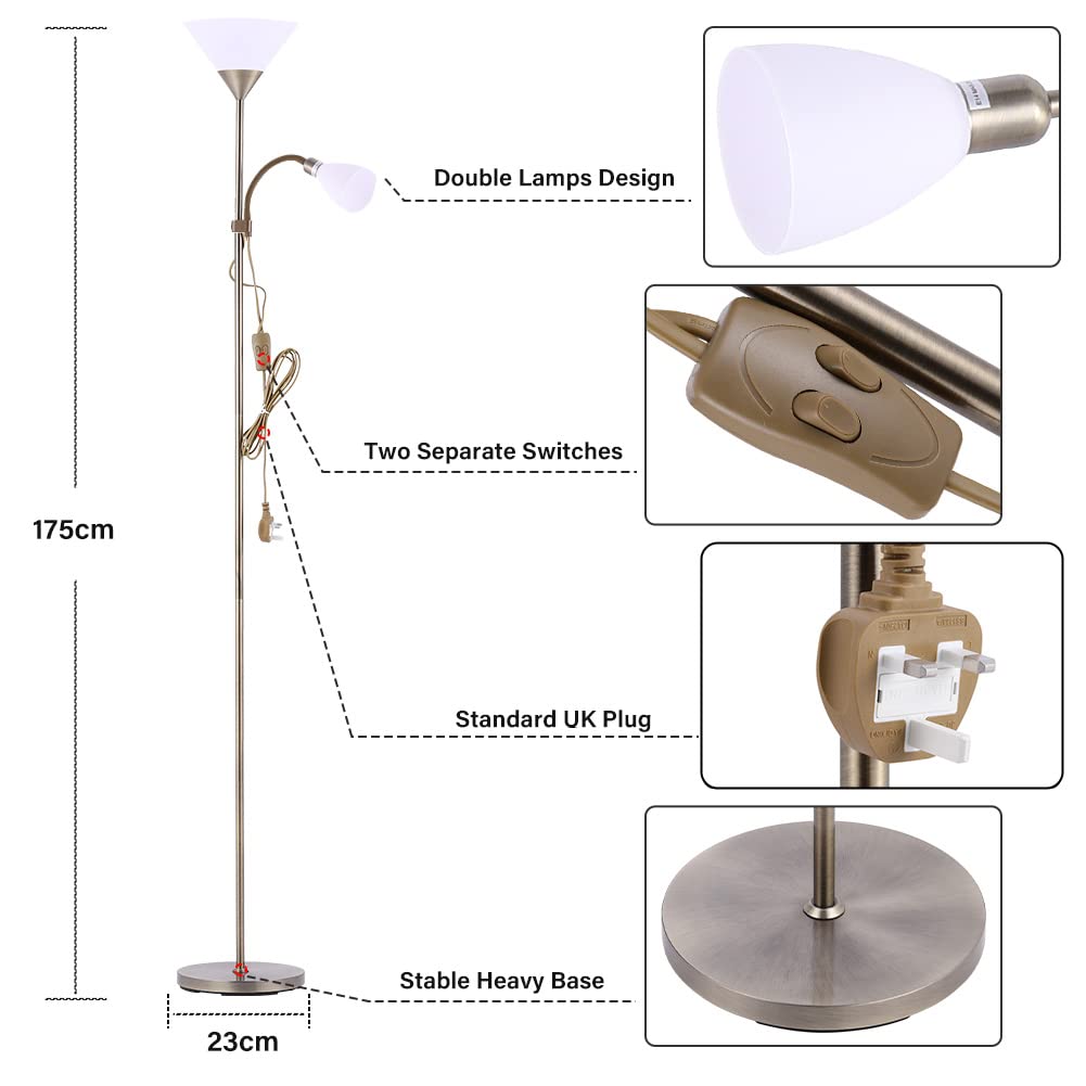 INMOZATA Mother and Children Floor Lamp Uplighter 2 Way Floor Light Reading Light with Double Button Control for Living Room Bedroom (White & Copper)