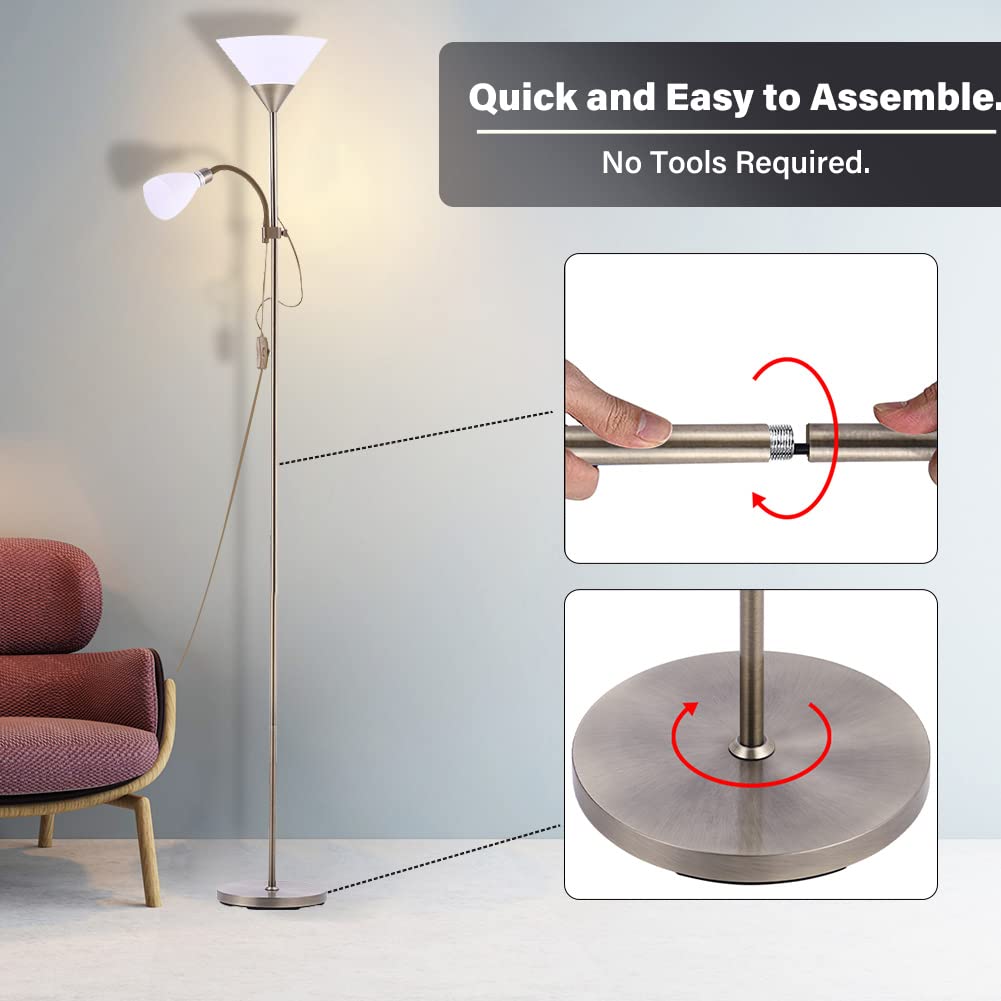 INMOZATA Mother and Children Floor Lamp Uplighter 2 Way Floor Light Reading Light with Double Button Control for Living Room Bedroom (White & Copper)
